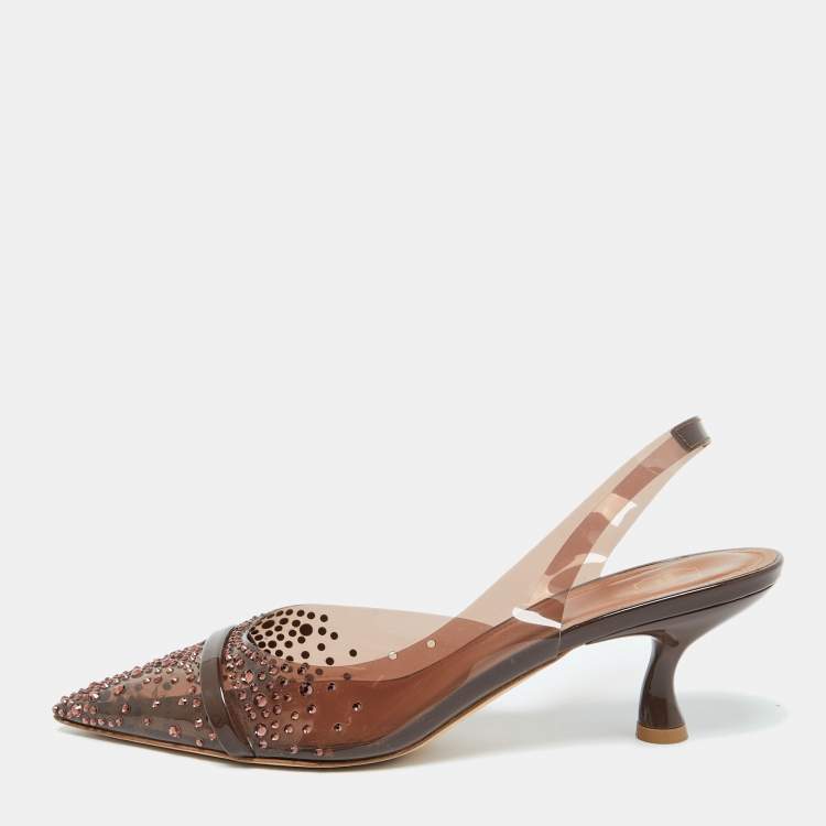 مملوكة مسبقًا Malone Souliers Brown PVC Crystal Embellished Juliet Slingback Pumps Size 36.5