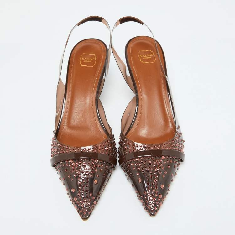 مملوكة مسبقًا Malone Souliers Brown PVC Crystal Embellished Juliet Slingback Pumps Size 36.5