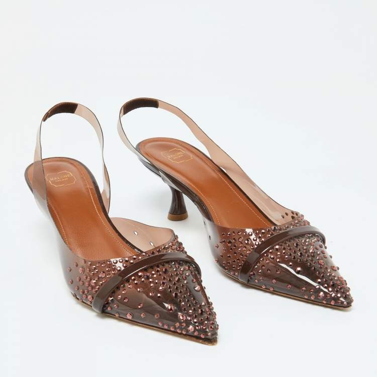 مملوكة مسبقًا Malone Souliers Brown PVC Crystal Embellished Juliet Slingback Pumps Size 36.5