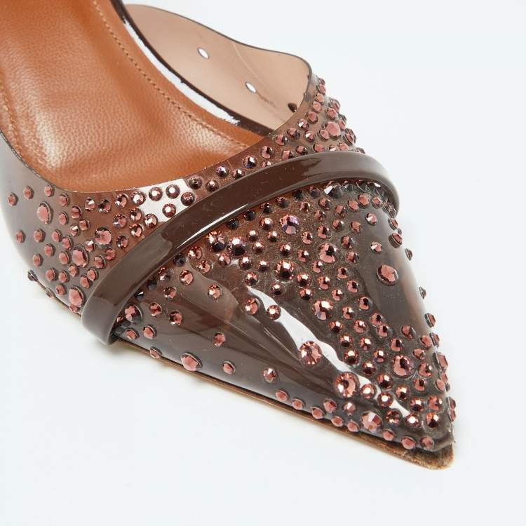 مملوكة مسبقًا Malone Souliers Brown PVC Crystal Embellished Juliet Slingback Pumps Size 36.5