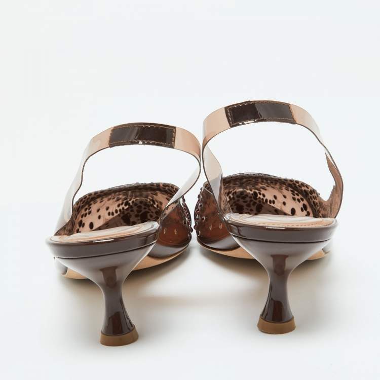 مملوكة مسبقًا Malone Souliers Brown PVC Crystal Embellished Juliet Slingback Pumps Size 36.5