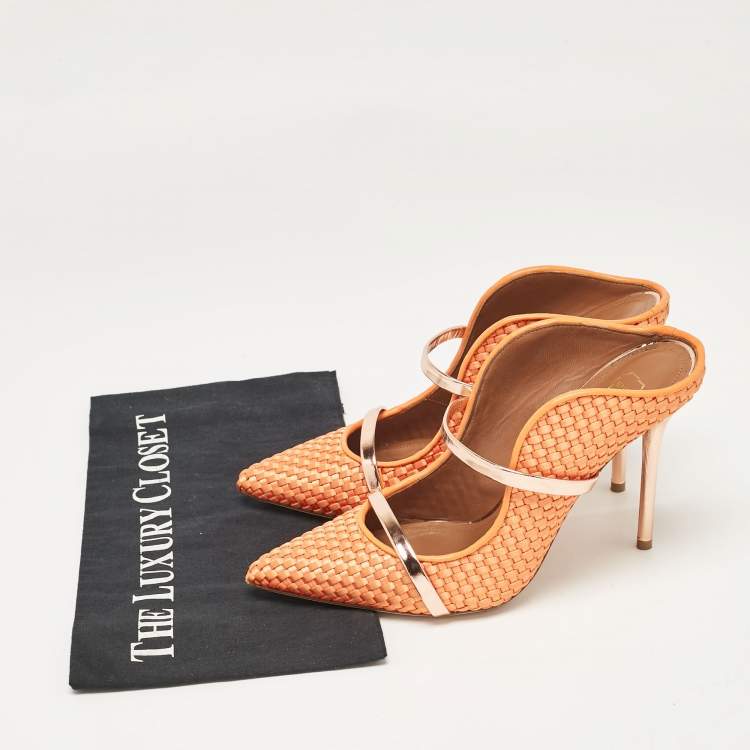 Pre Owned Malone Souliers Orange/Rose Gold Woven Satin and Leather Maureen Mules Size 39