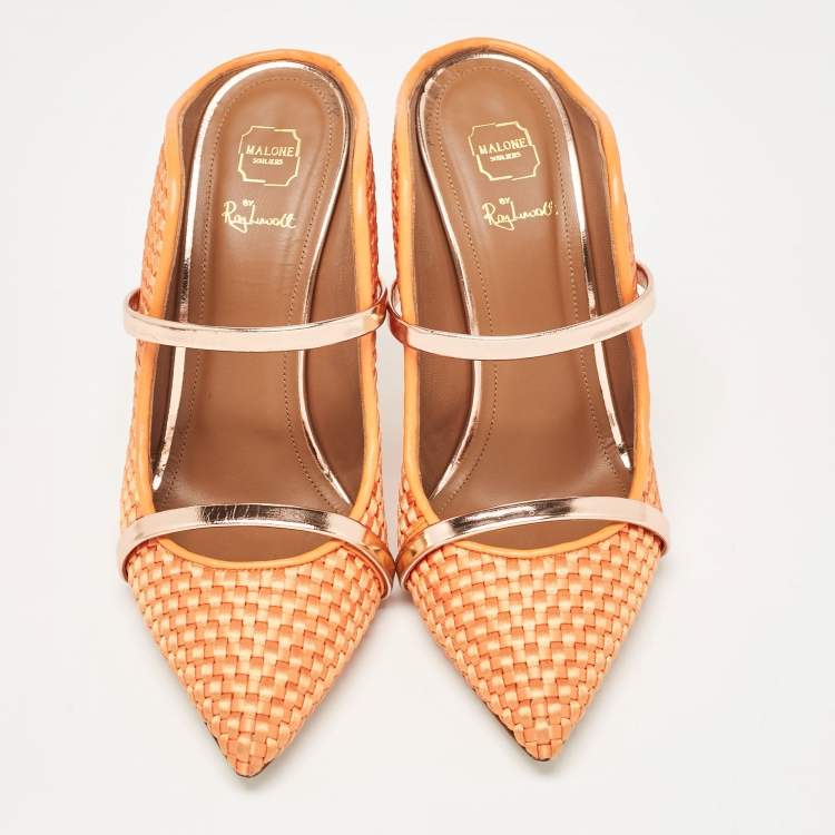 Pre Owned Malone Souliers Orange/Rose Gold Woven Satin and Leather Maureen Mules Size 39