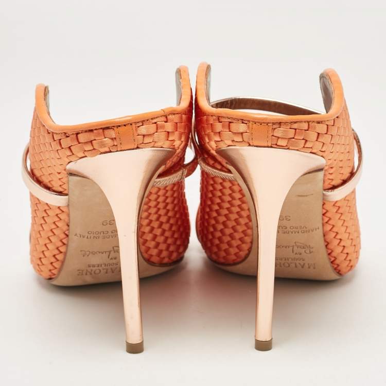 Pre Owned Malone Souliers Orange/Rose Gold Woven Satin and Leather Maureen Mules Size 39