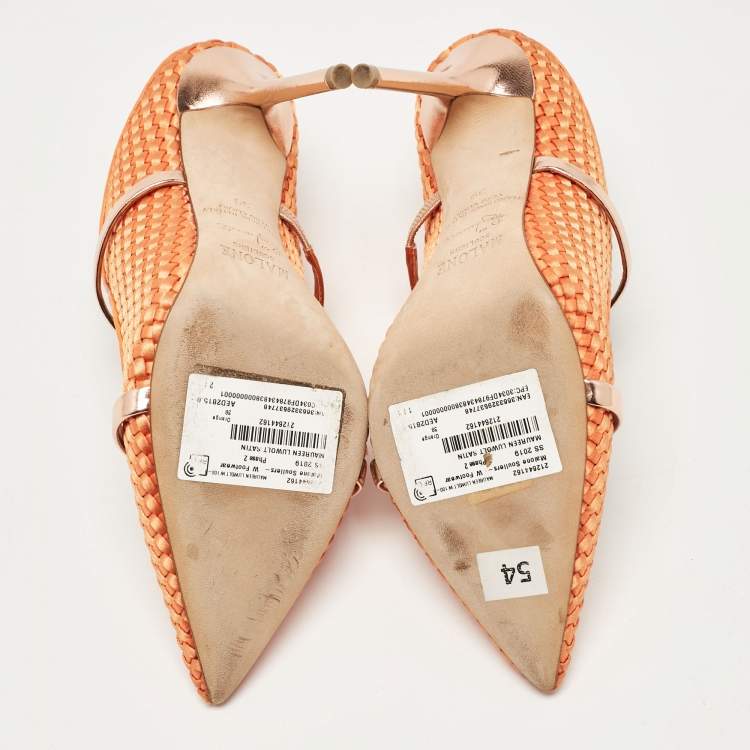 Pre Owned Malone Souliers Orange/Rose Gold Woven Satin and Leather Maureen Mules Size 39