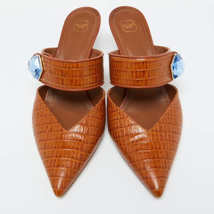 Pre Owned Malone Souliers Brown Croc Embossed Leather Lola Mules Size 41