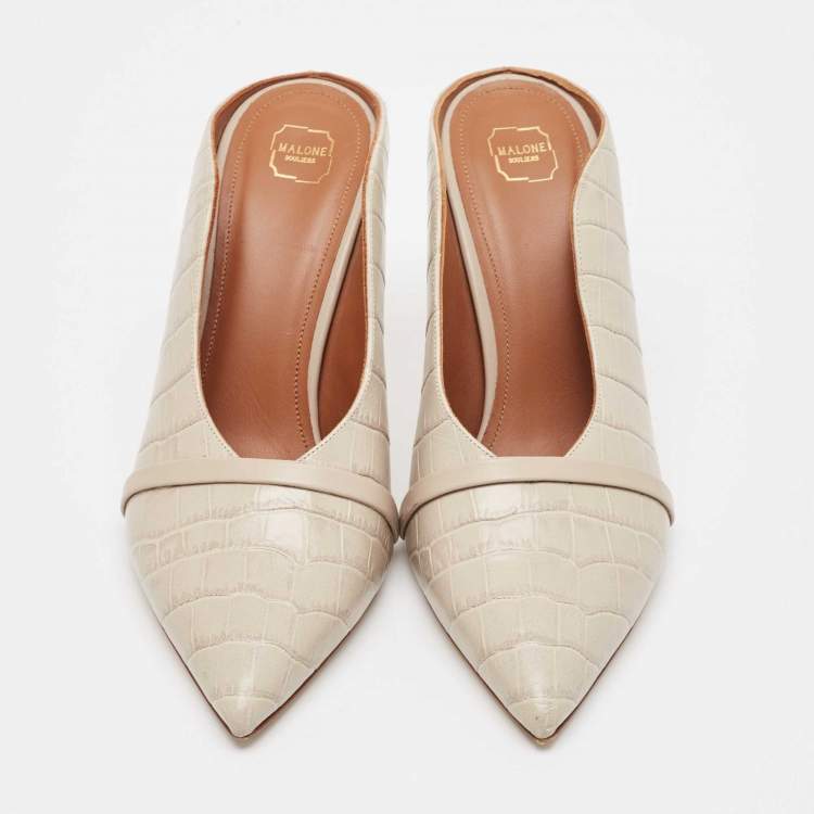 Pre Owned Malone Souliers Grey Croc Embossed Leather Constance Mules Size 38