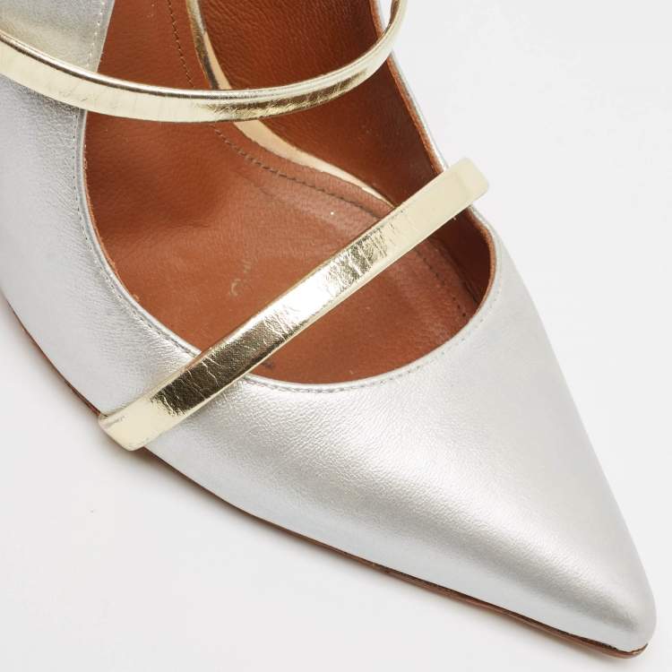 Pre Owned Malone Souliers Silver/Gold Leather Maureen Pointed Toe Mules Size 40