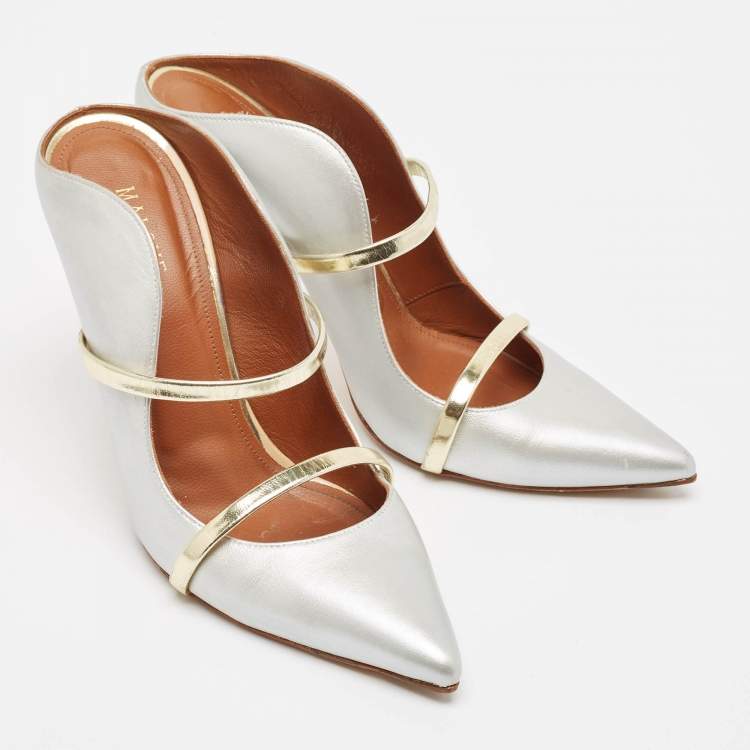 Pre Owned Malone Souliers Silver/Gold Leather Maureen Pointed Toe Mules Size 40