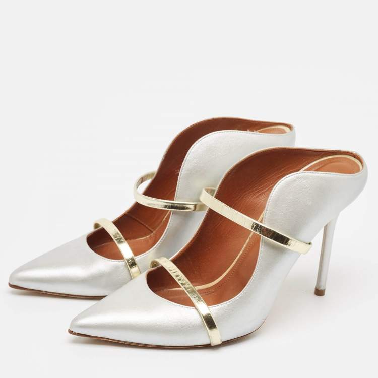 Pre Owned Malone Souliers Silver/Gold Leather Maureen Pointed Toe Mules Size 40