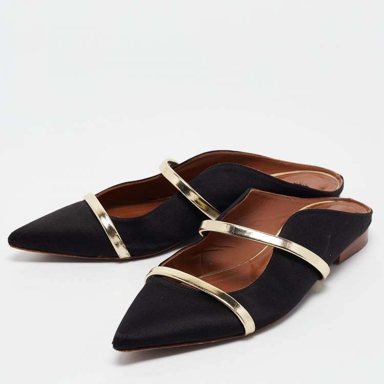 Pre Owned Malone Souliers Black/Gold Satin and Leather Maureen Flat Mules Size 38.5