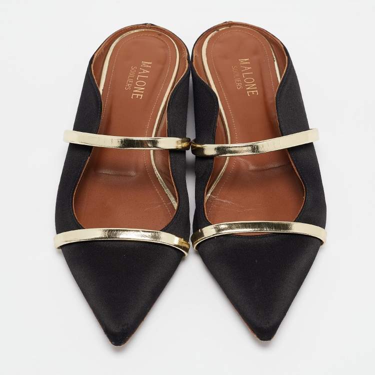 Pre Owned Malone Souliers Black/Gold Satin and Leather Maureen Flat Mules Size 38.5