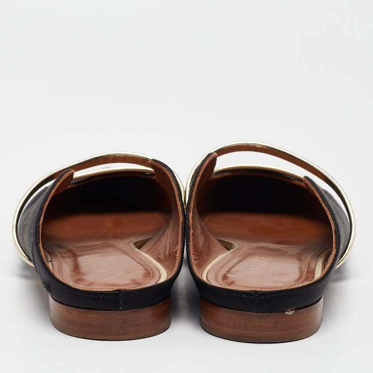 Pre Owned Malone Souliers Black/Gold Satin and Leather Maureen Flat Mules Size 38.5