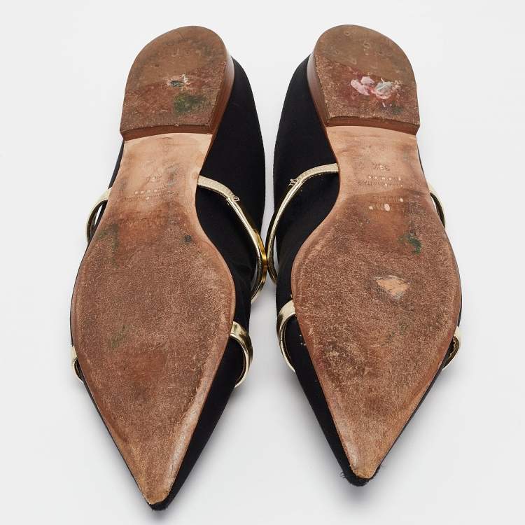 Pre Owned Malone Souliers Black/Gold Satin and Leather Maureen Flat Mules Size 38.5