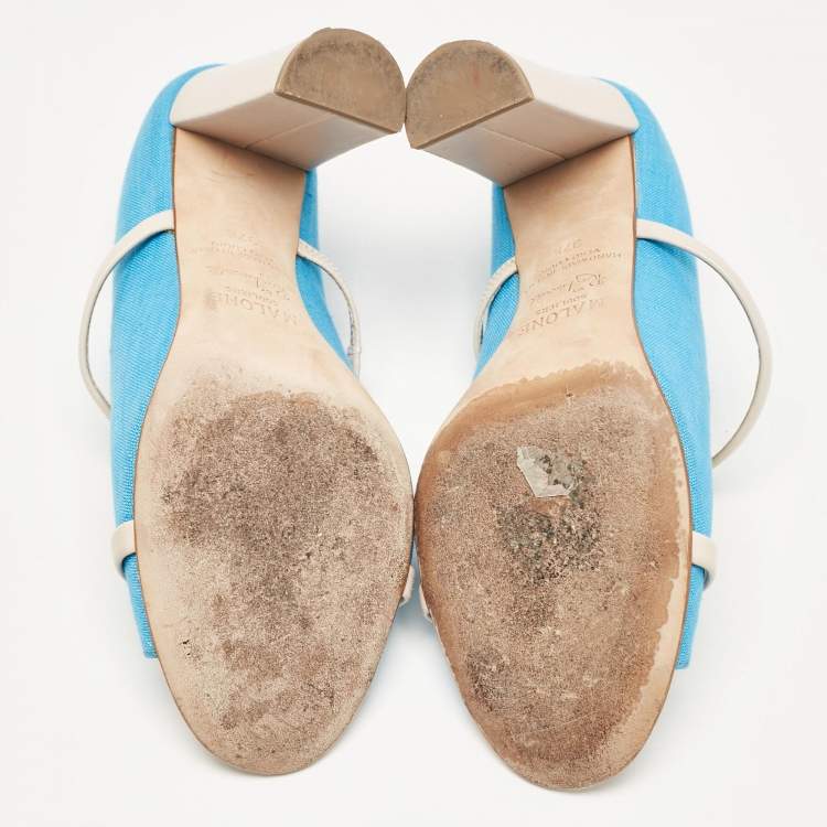 Pre Owned Malone Souliers Blue/Off White Canvas and Leather Norah Mules Size 37.5