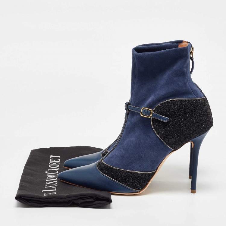 Pre Owned Malone Souliers Blue/Black Leather and Suede Sock Ankle Length Boots Size 40