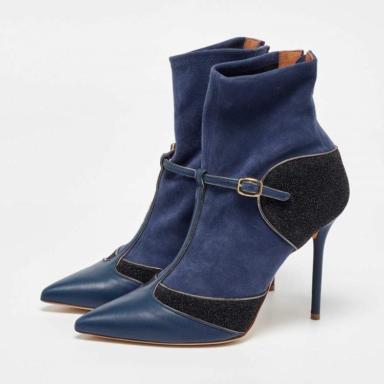 Pre Owned Malone Souliers Blue/Black Leather and Suede Sock Ankle Length Boots Size 40