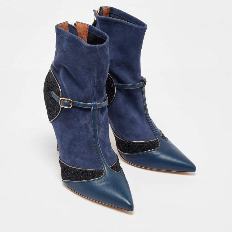 Pre Owned Malone Souliers Blue/Black Leather and Suede Sock Ankle Length Boots Size 40