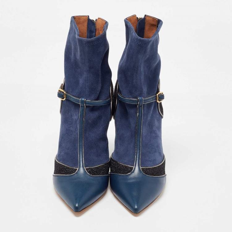 Pre Owned Malone Souliers Blue/Black Leather and Suede Sock Ankle Length Boots Size 40
