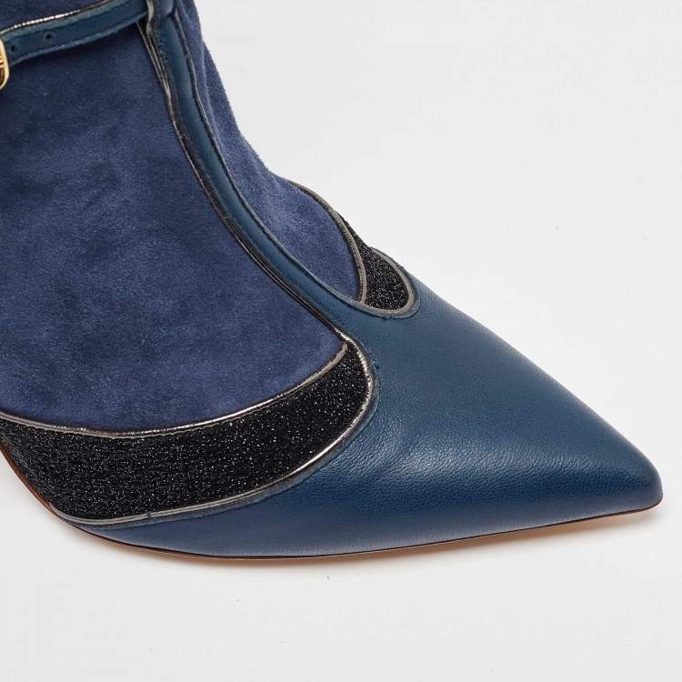 Pre Owned Malone Souliers Blue/Black Leather and Suede Sock Ankle Length Boots Size 40