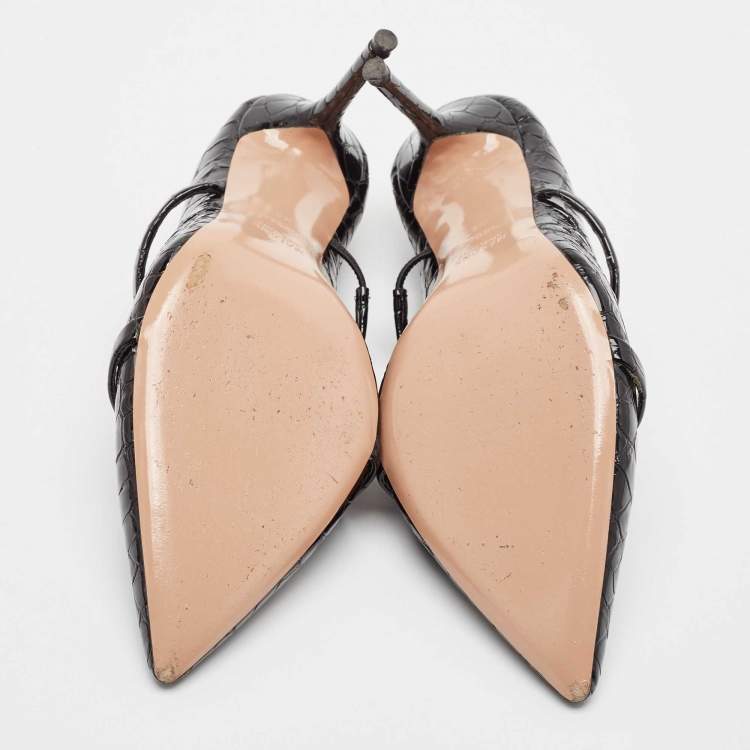 Pre Owned Malone Souliers Black Croc Embossed Patent Leather Maureen Pointed Toe Mules Size 40