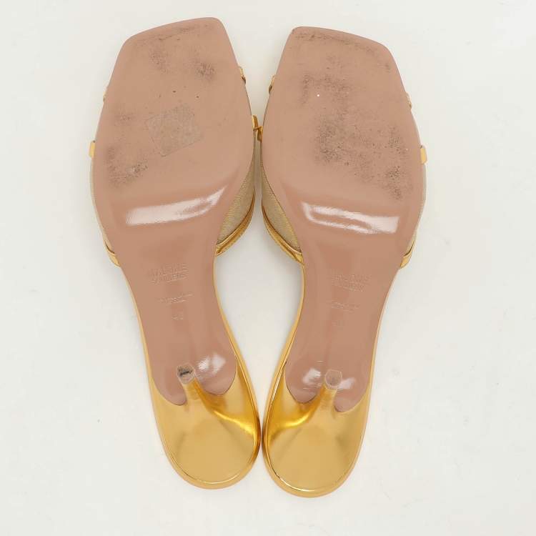 Pre Owned Malone Souliers Gold Foil Leather and Mesh Perla Slide Sandals Size 40
