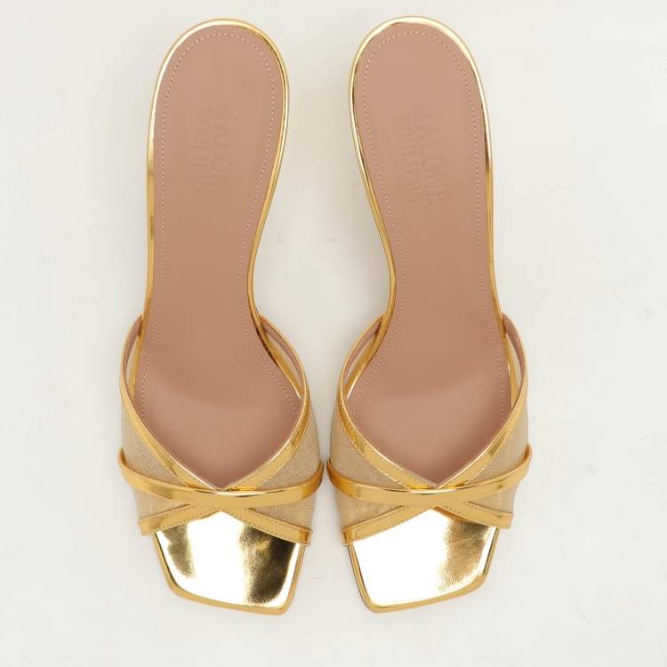 Pre Owned Malone Souliers Gold Foil Leather and Mesh Perla Slide Sandals Size 40