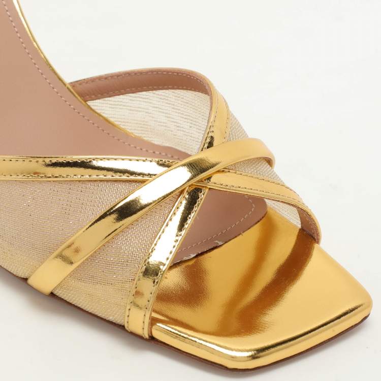 Pre Owned Malone Souliers Gold Foil Leather and Mesh Perla Slide Sandals Size 40