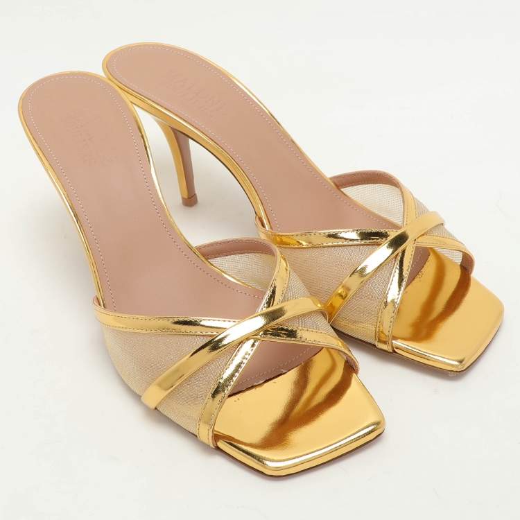 Pre Owned Malone Souliers Gold Foil Leather and Mesh Perla Slide Sandals Size 40