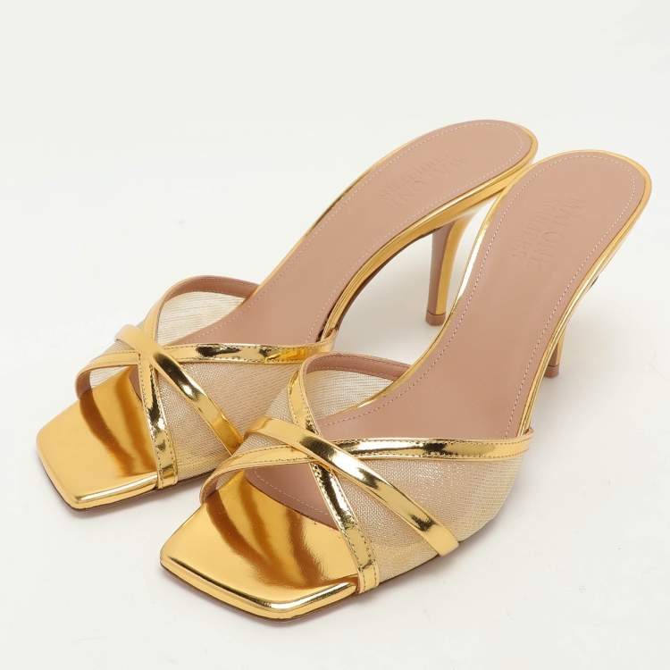 Pre Owned Malone Souliers Gold Foil Leather and Mesh Perla Slide Sandals Size 40