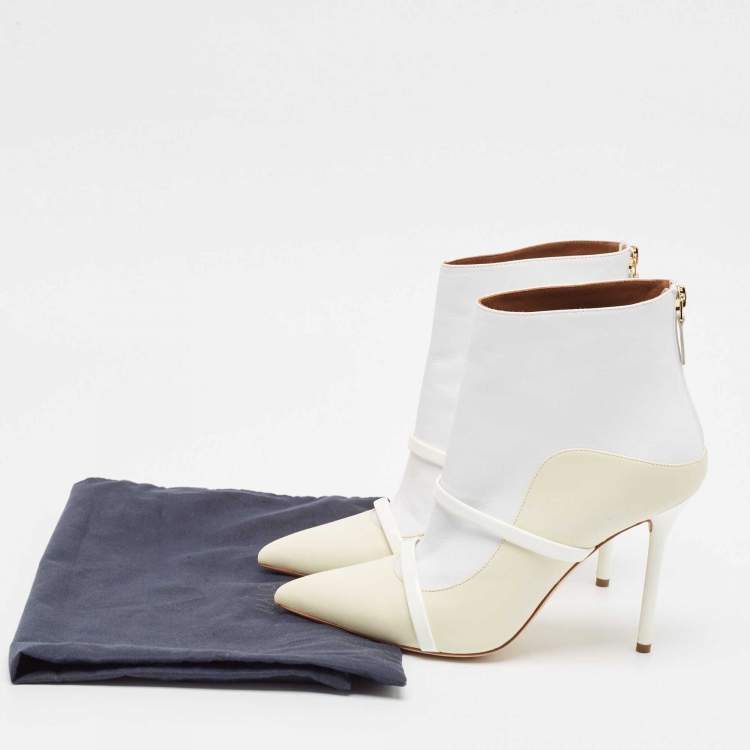 Pre Owned Malone Souliers Cream/White Leather Madison Pointed Toe Ankle Boots Size 38