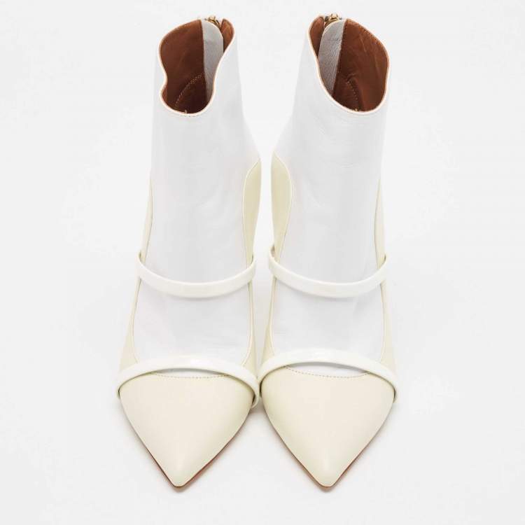 Pre Owned Malone Souliers Cream/White Leather Madison Pointed Toe Ankle Boots Size 38