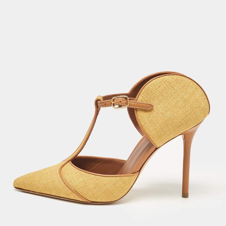 Pre Owned  Malone Souliers Yellow/Brown Canvas and Raffia Trim Imogen Pumps Size 38.5