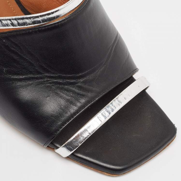 مملوكة مسبقًا Malone Souliers Silver/Black Leather Laney Slide Sandals Size 39.5