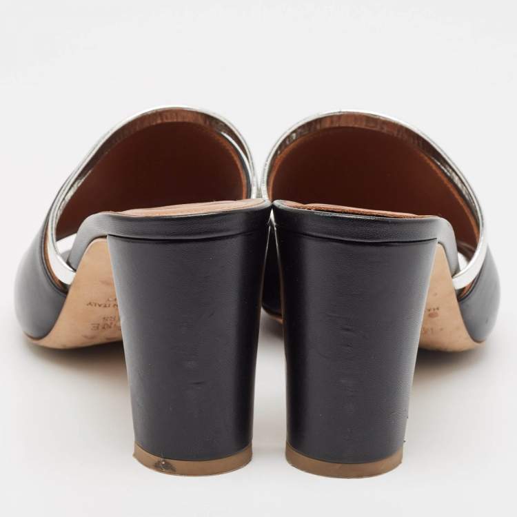 مملوكة مسبقًا Malone Souliers Silver/Black Leather Laney Slide Sandals Size 39.5