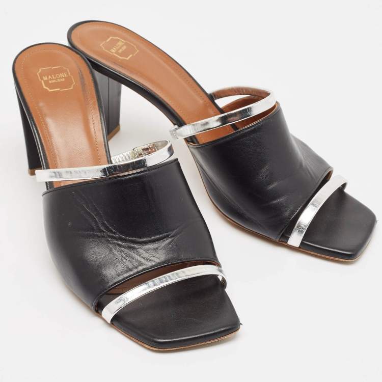 مملوكة مسبقًا Malone Souliers Silver/Black Leather Laney Slide Sandals Size 39.5