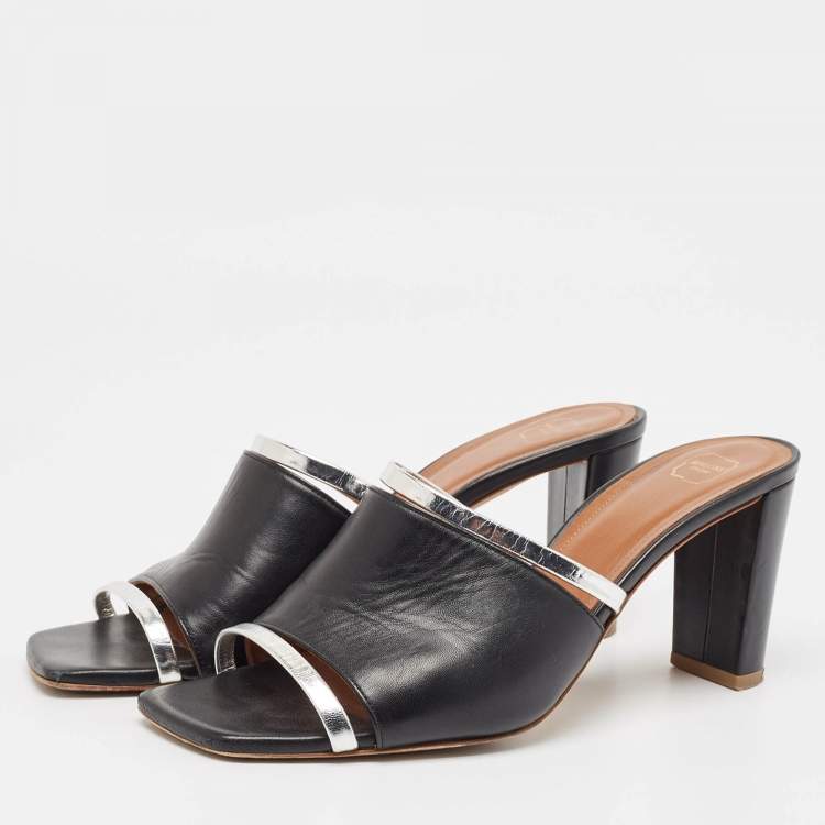 مملوكة مسبقًا Malone Souliers Silver/Black Leather Laney Slide Sandals Size 39.5