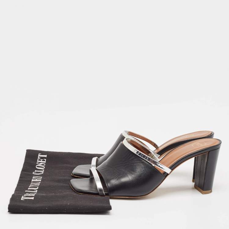 مملوكة مسبقًا Malone Souliers Silver/Black Leather Laney Slide Sandals Size 39.5