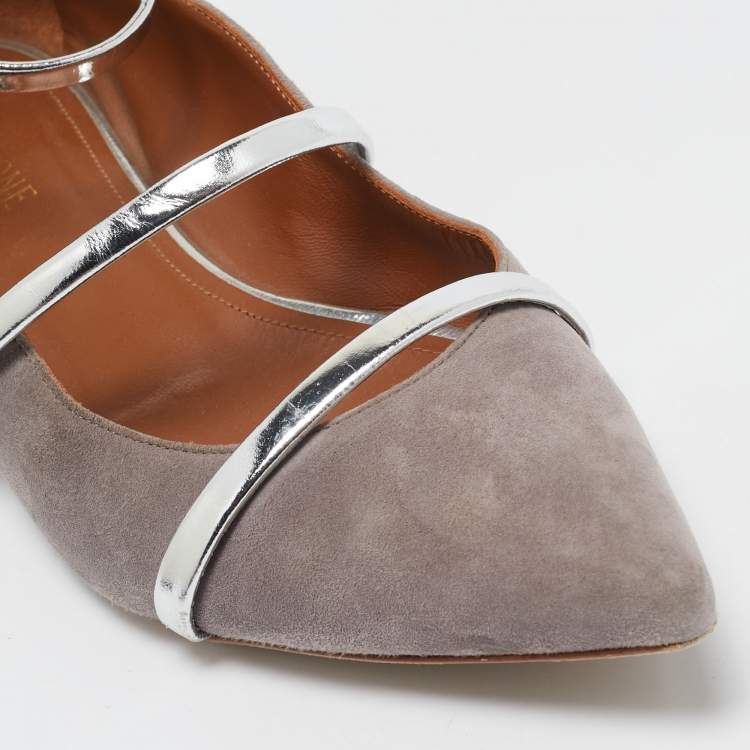 Pre Owned Malone Souliers Grey/Silver Suede and Leather Ankle Strap Ballet Flats Size 39.5