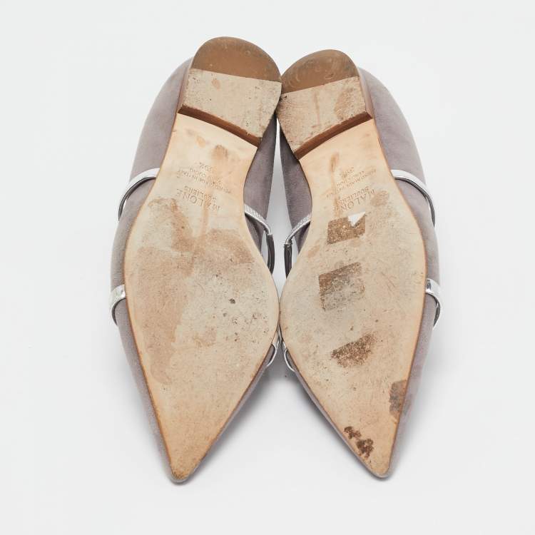 Pre Owned Malone Souliers Grey/Silver Suede and Leather Ankle Strap Ballet Flats Size 39.5