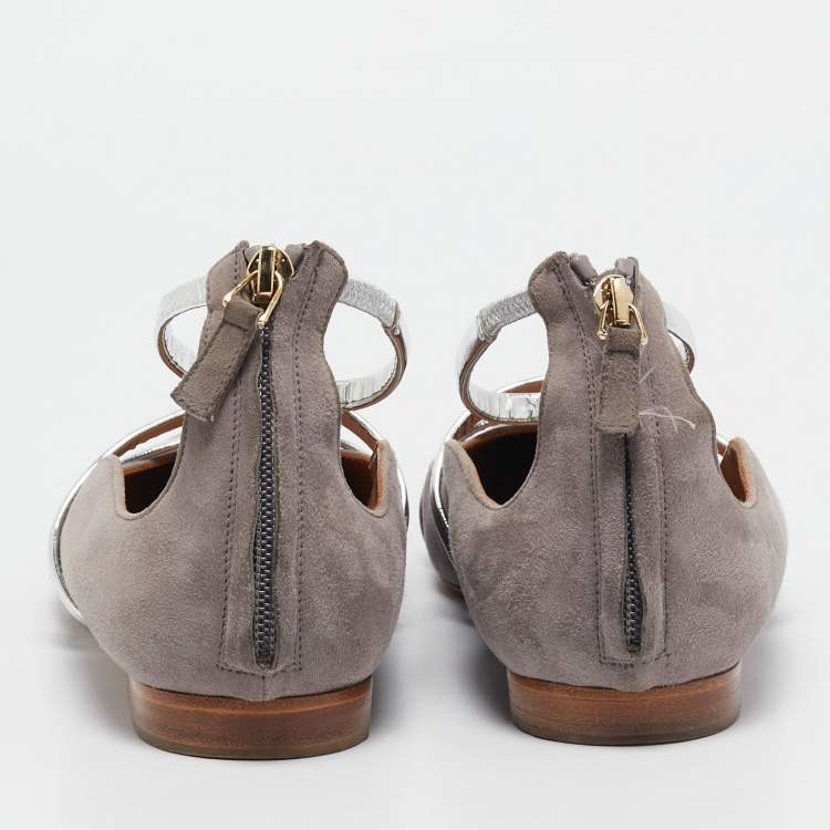 Pre Owned Malone Souliers Grey/Silver Suede and Leather Ankle Strap Ballet Flats Size 39.5
