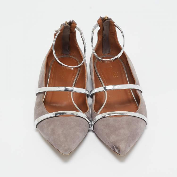 Pre Owned Malone Souliers Grey/Silver Suede and Leather Ankle Strap Ballet Flats Size 39.5