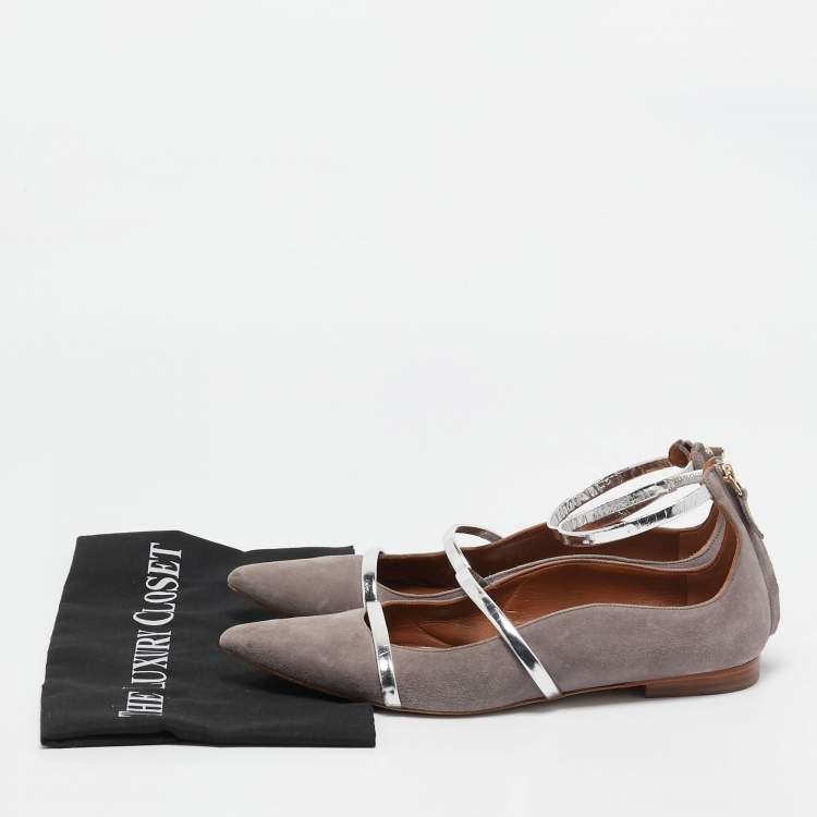Pre Owned Malone Souliers Grey/Silver Suede and Leather Ankle Strap Ballet Flats Size 39.5