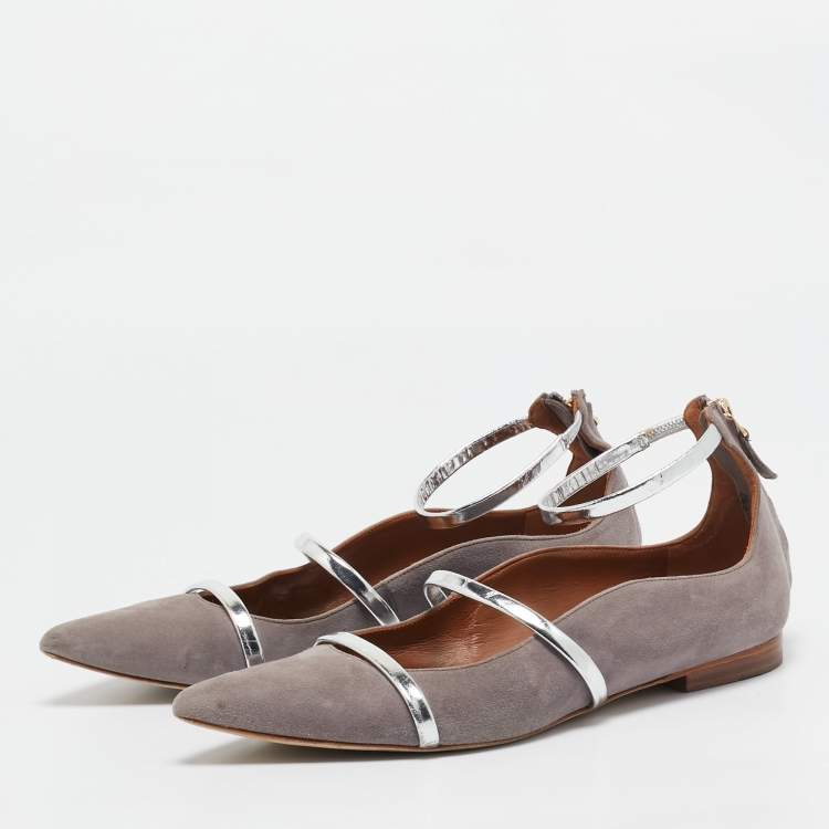 Pre Owned Malone Souliers Grey/Silver Suede and Leather Ankle Strap Ballet Flats Size 39.5