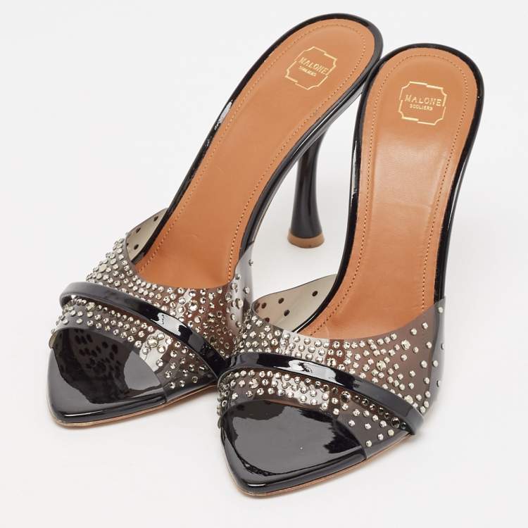 Pre Owned Malone Souliers Black PVC Julia Crystal Embellished Slides Size 39.5 