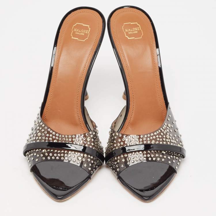 Pre Owned Malone Souliers Black PVC Julia Crystal Embellished Slides Size 39.5 