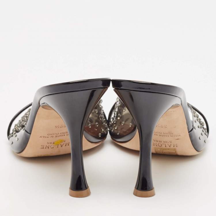Pre Owned Malone Souliers Black PVC Julia Crystal Embellished Slides Size 39.5 