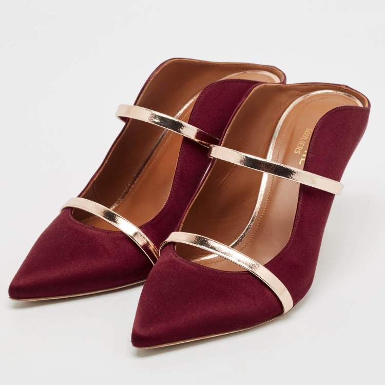 Pre Owned Malone Souliers Burgundy Satin Maureen Pointed Toe Mules Size 38.5