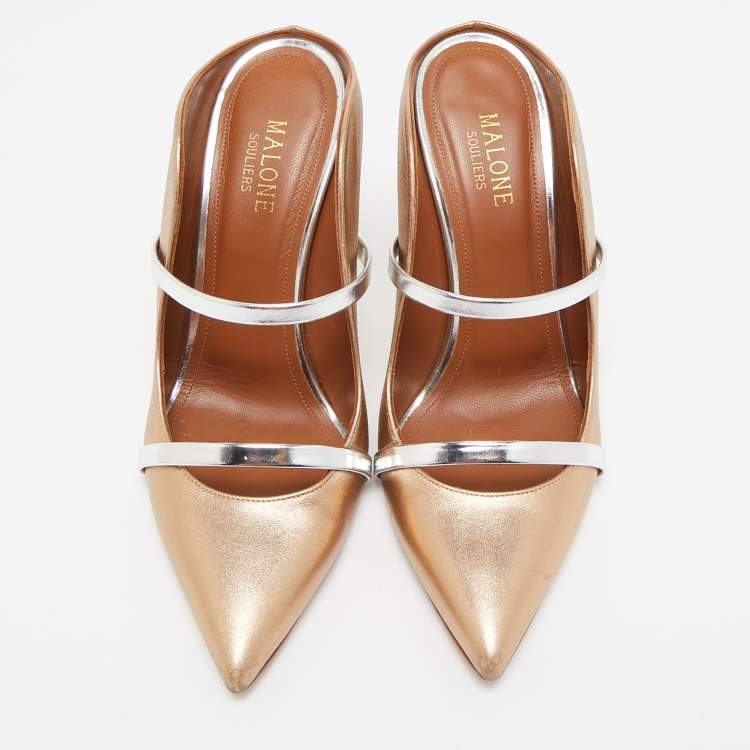 Pre Owned Malone Souliers Gold/Silver Leather Maureen Mules Size 37.5