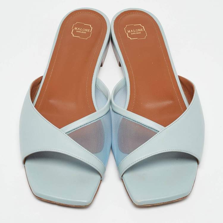 Pre Owned Malone Souliers Blue Leather and Mesh Vida Flat Slides Size 37.5